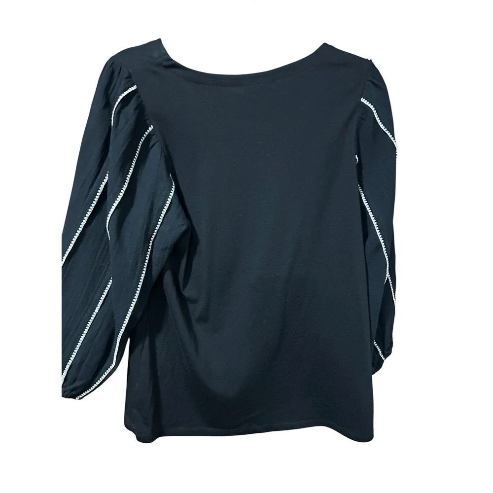 J. Jill Embroidered Gauze Top Black‎ White Contrast Stitch Pleated Sleeve Small